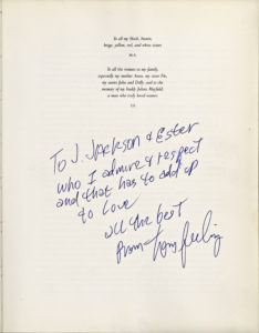 Tom Feelings' inscription on a book for Esther and James E. Jackson